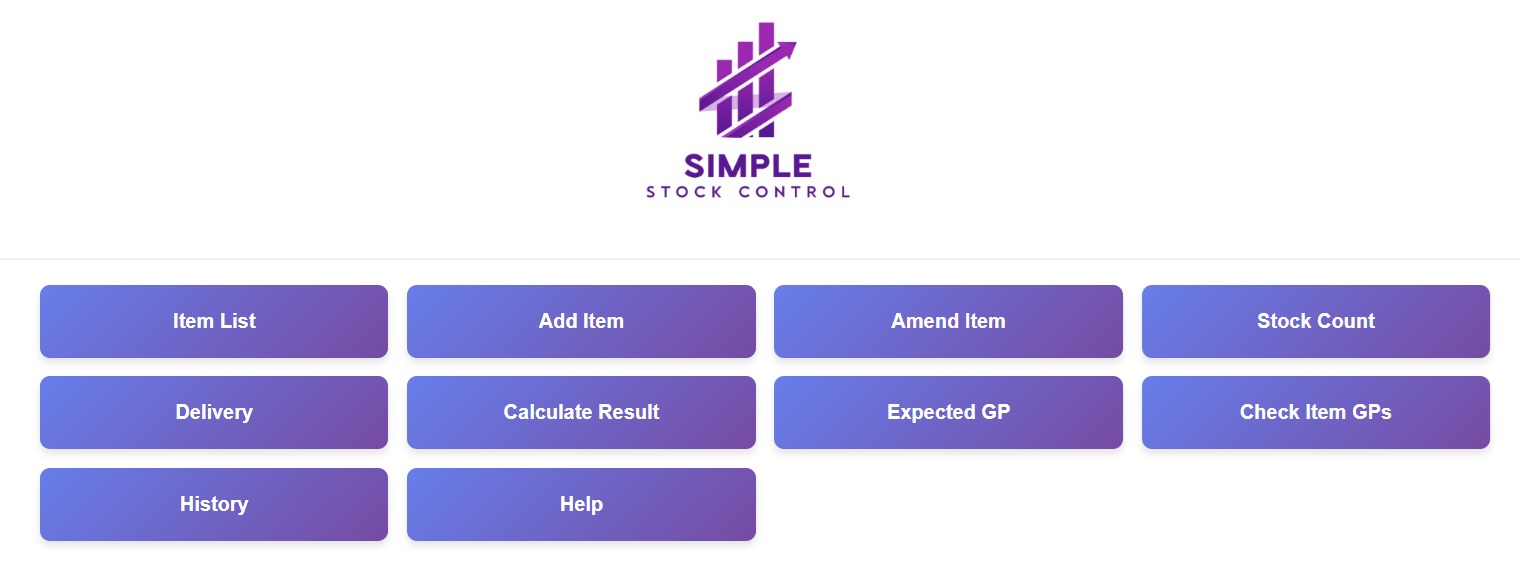 Simple Stock Control Home screen